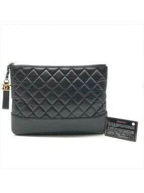 Chanel CC Logo Quilted Gabriel Lambskin Hand Clutch Black